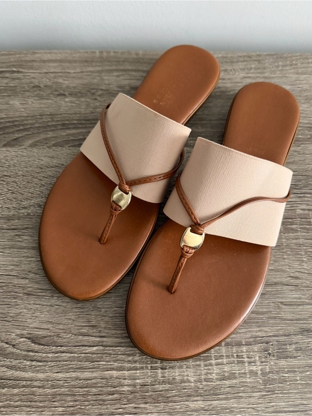 Italian Shoemakers Beige and Brown Leather Thong Slide Sandals